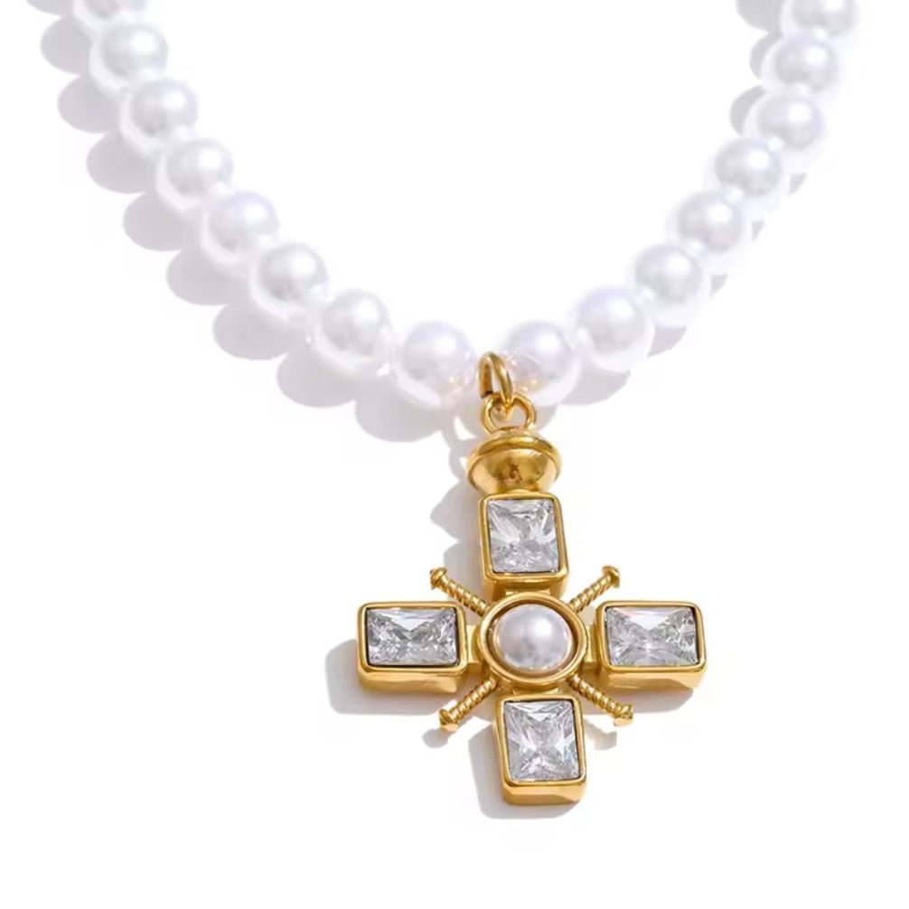 Cross White Pearls Necklace