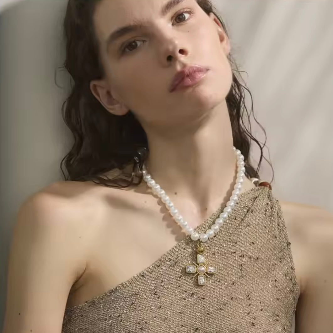 Cross White Pearls Necklace